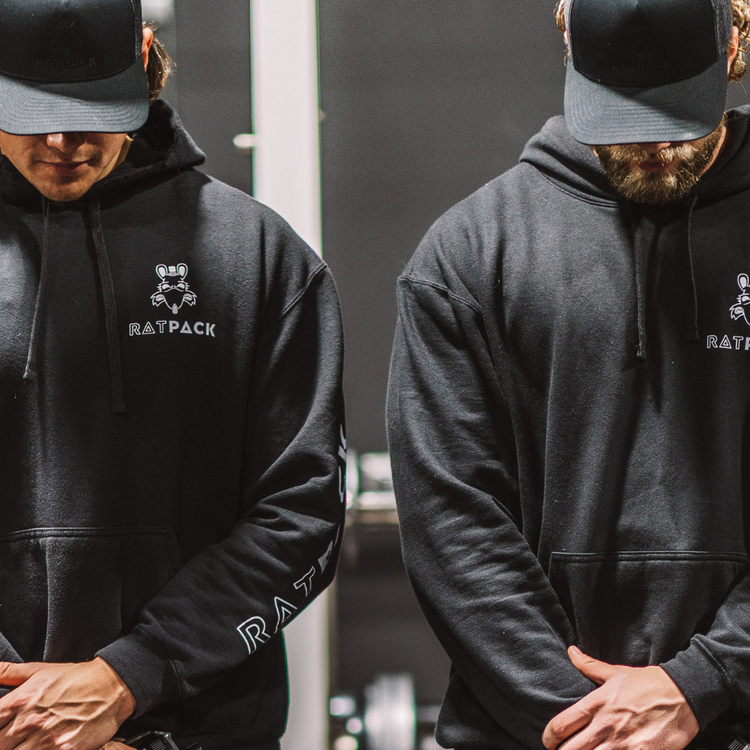 high quality athletic hats and hoodies black on black with ratpack logo