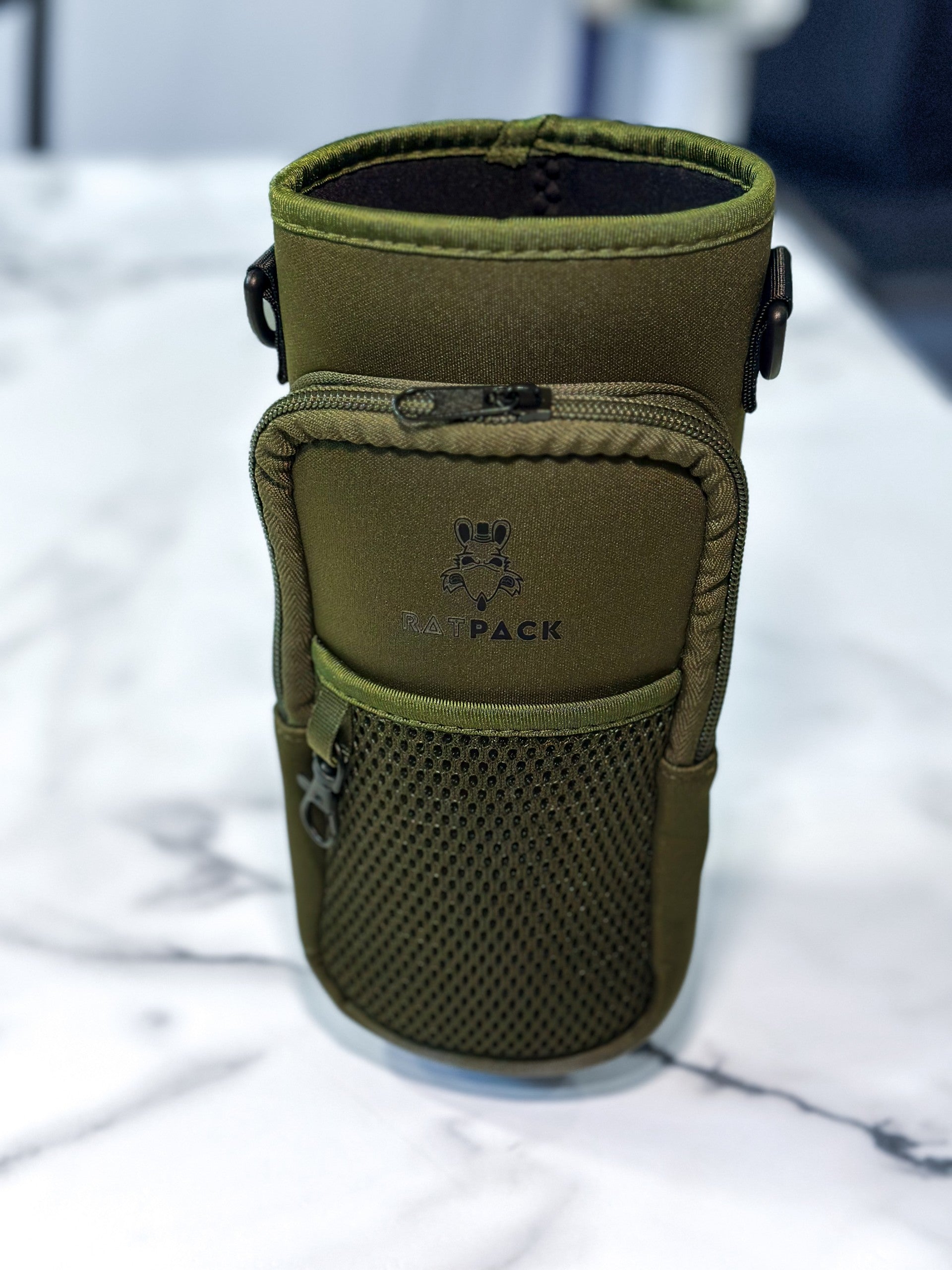 40 ounce/ 1.3 Liter water bottle sleeve insulated cross body carrier with pockets for phone and essentials, built in key chain army green